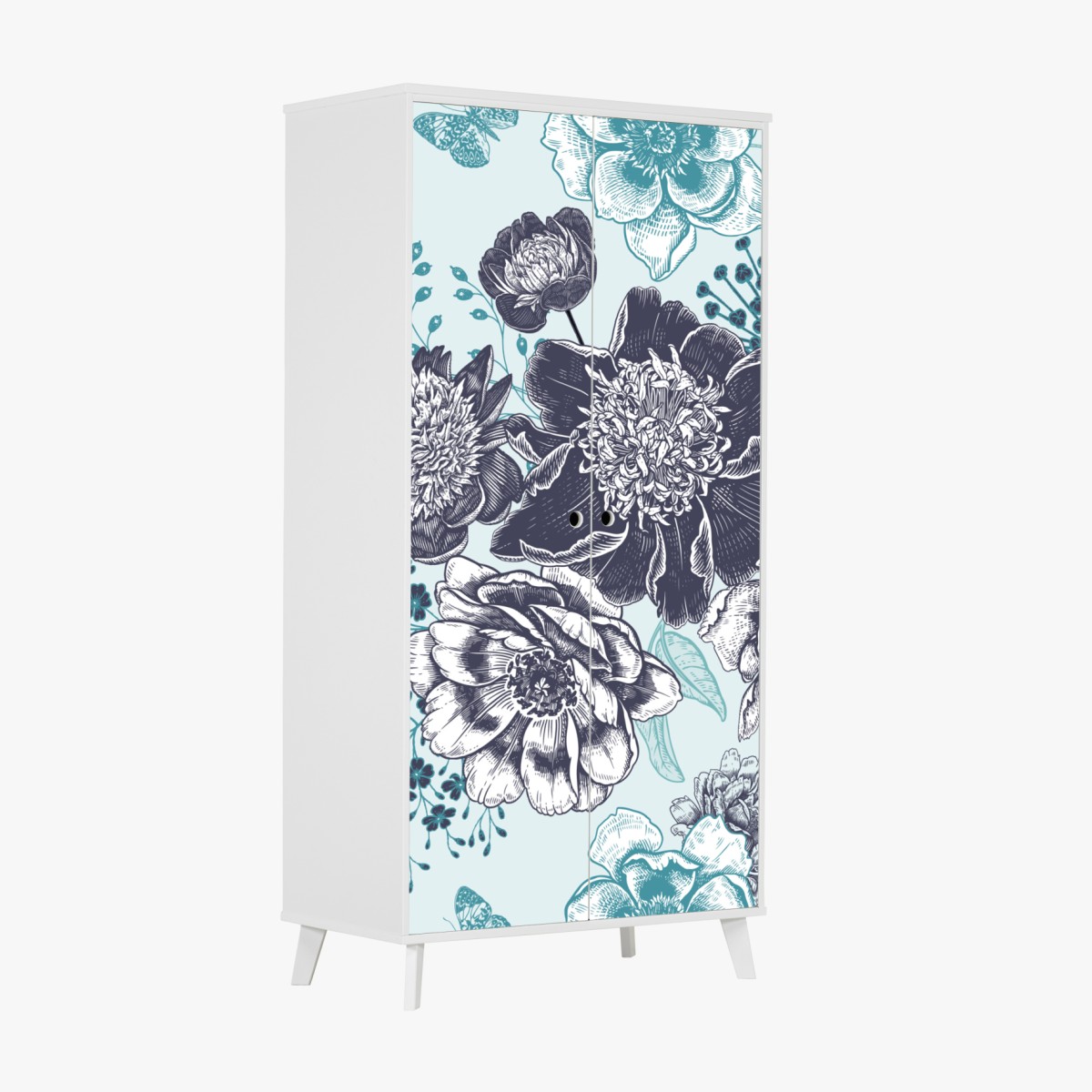 Schrankaufkleber blumiges peonienmuster in türkis und marineblau – Wallnifity®