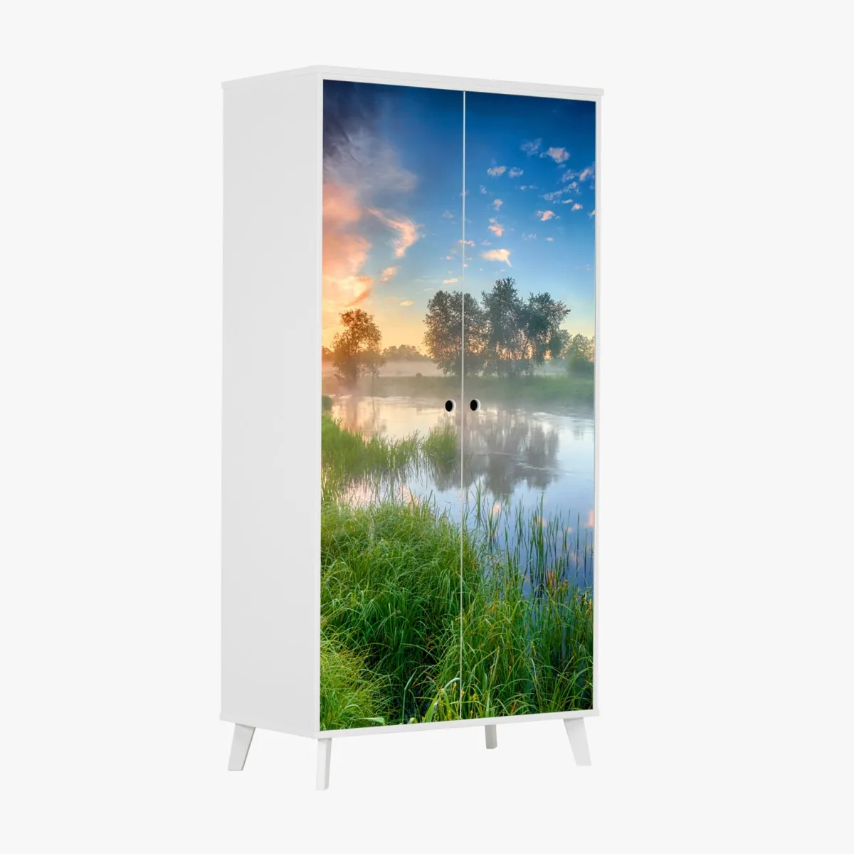 Schrankaufkleber nebel bei sonnenaufgang am flussufer – Wallnifity®