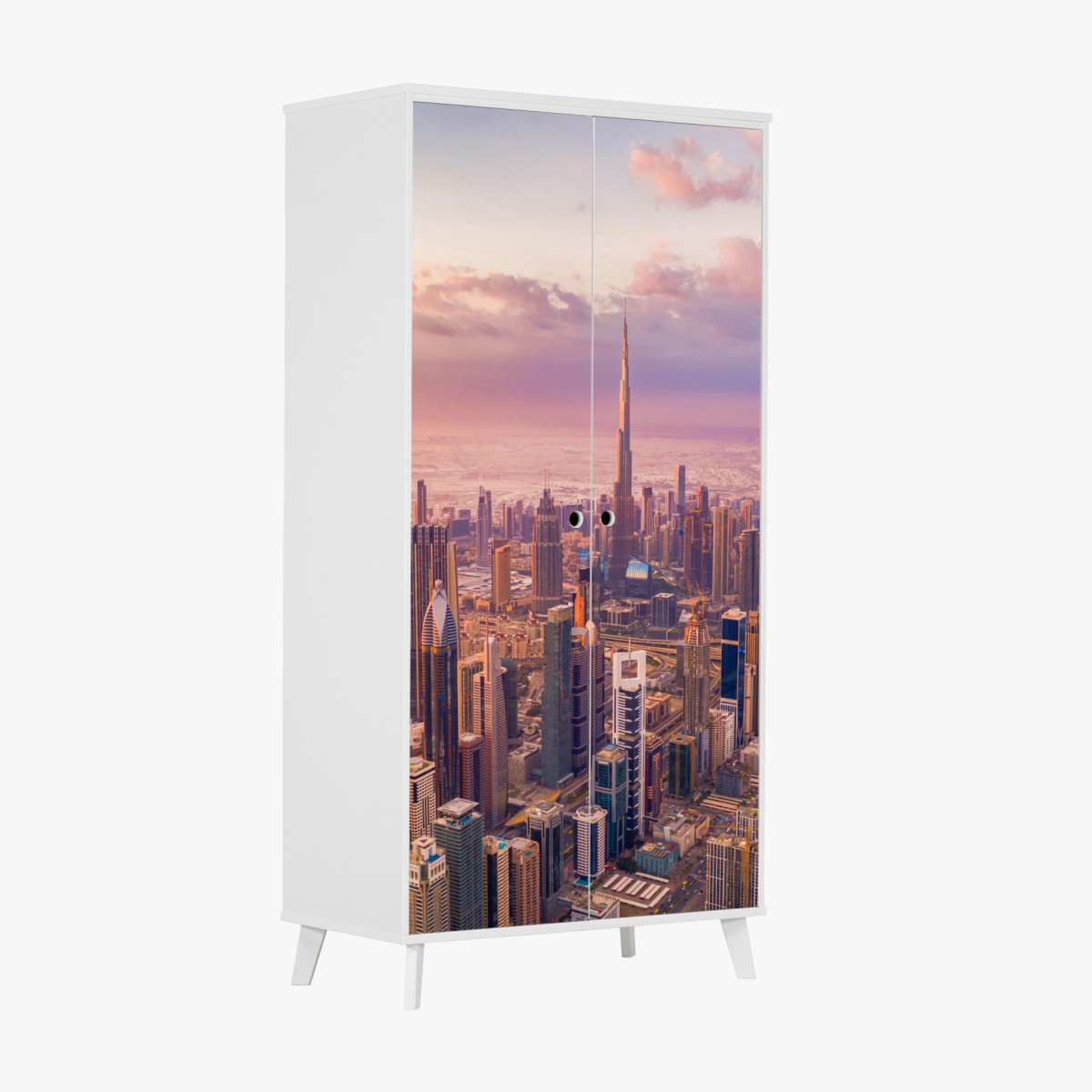 Schrankaufkleber sonnenuntergang über der skyline von Dubai mit Burj Khalifa – Wallnifity®