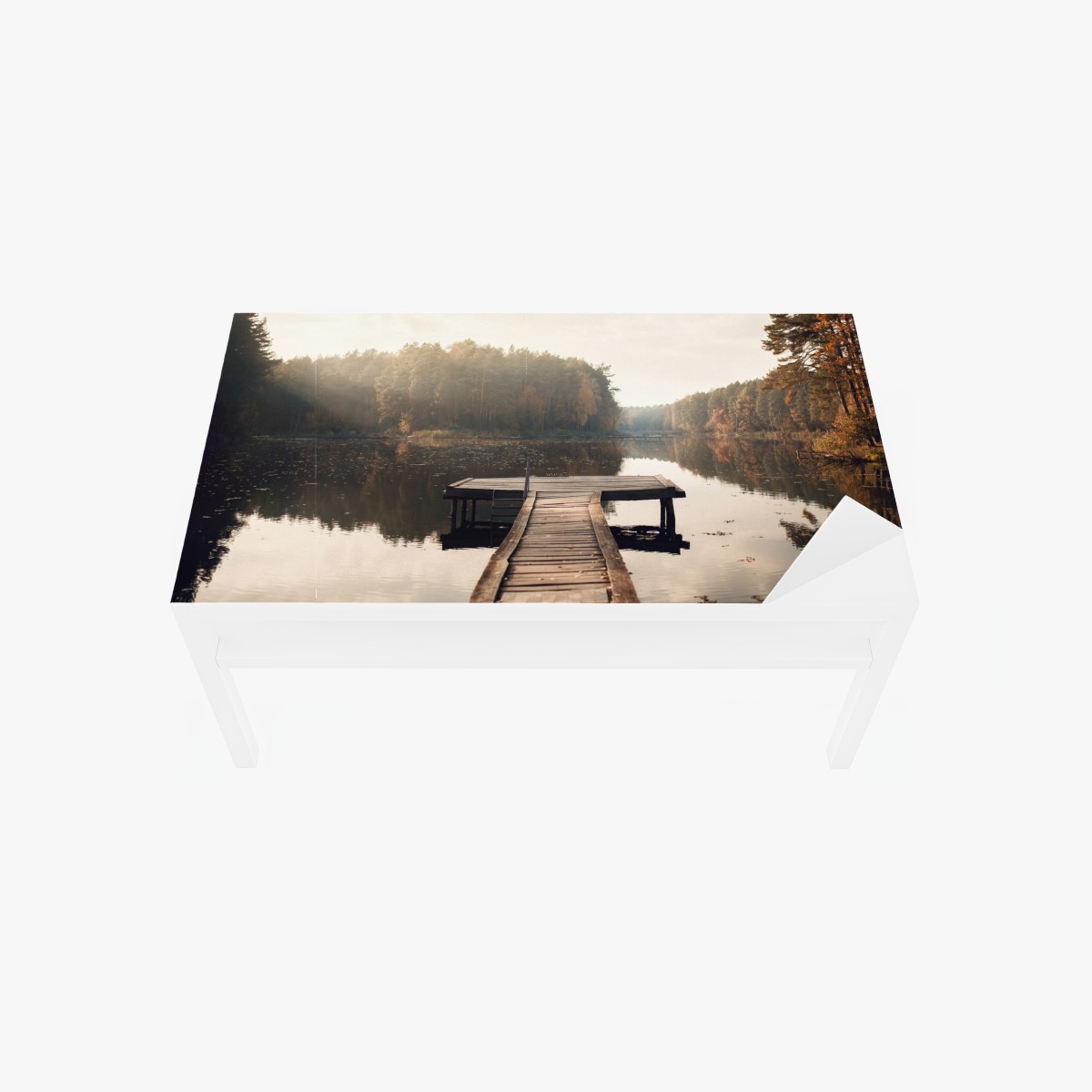 Tischaufkleber und Schreibtischaufkleber herbstmorgen am see mit hölzernem steg – Wallnifity®