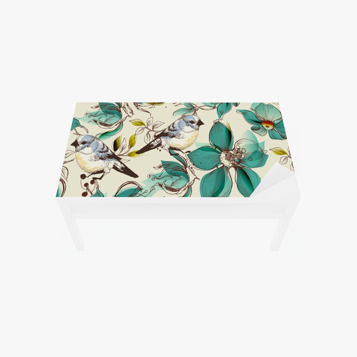 Tischaufkleber und Schreibtischaufkleber retro türkis blumen- und vogelmuster – Wallnifity®