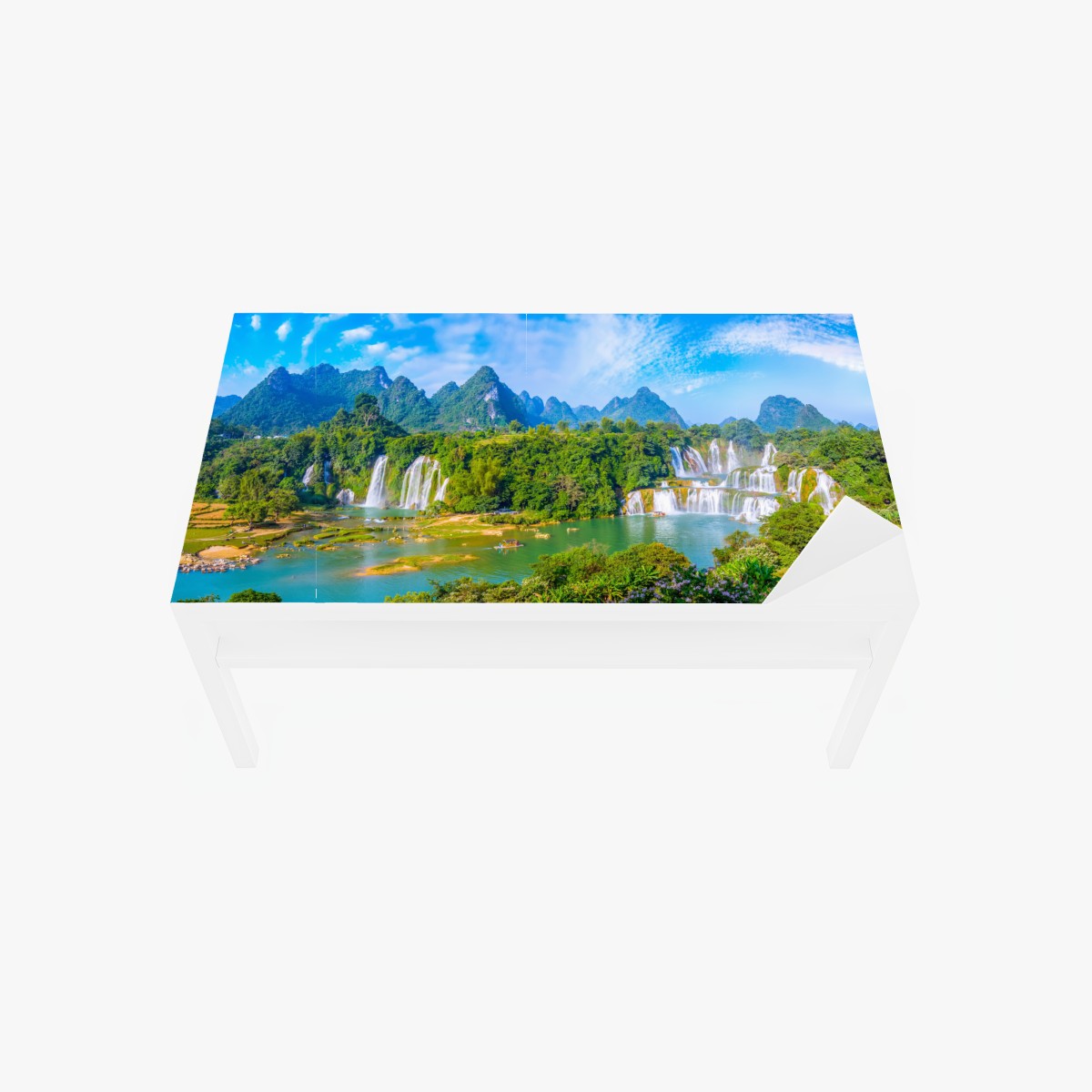 Tischaufkleber und Schreibtischaufkleber üppige panoramaansicht eines wasserfalls mit karstbergen – Wallnifity®