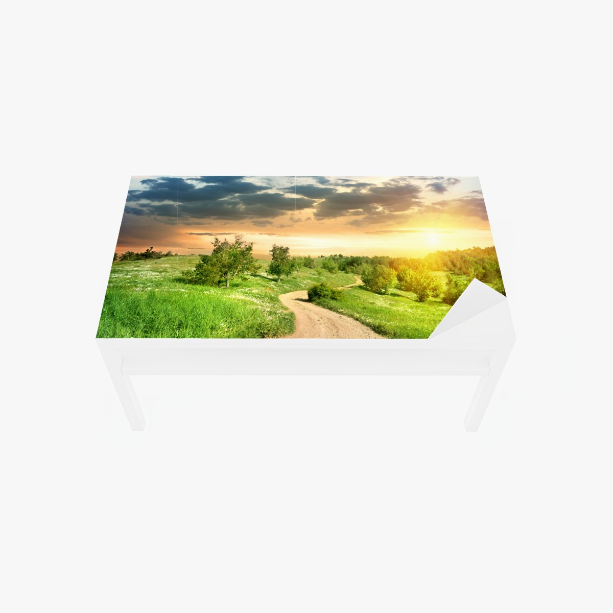 Tischaufkleber und Schreibtischaufkleber sonnenuntergang über einem feldweg durch grüne wiese – Wallnifity®