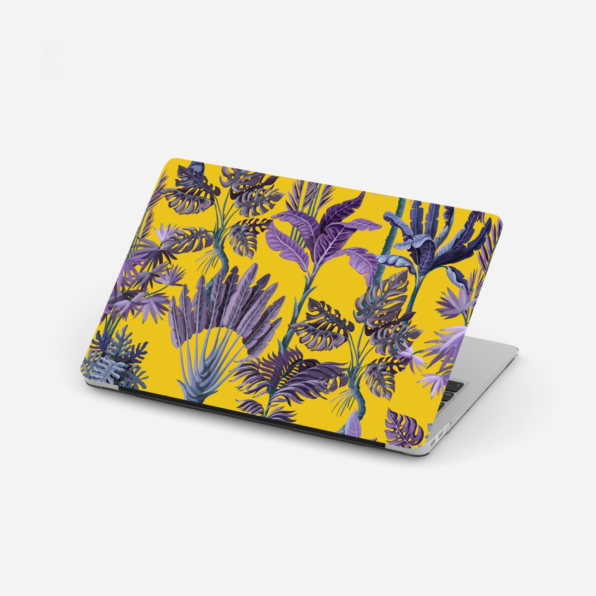 Laptop-Aufkleber tropische lila blätter auf gelbem hintergrund – Wallnifity®