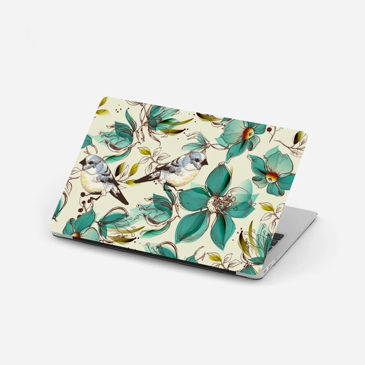 Laptop-Aufkleber retro türkis blumen- und vogelmuster – Wallnifity®