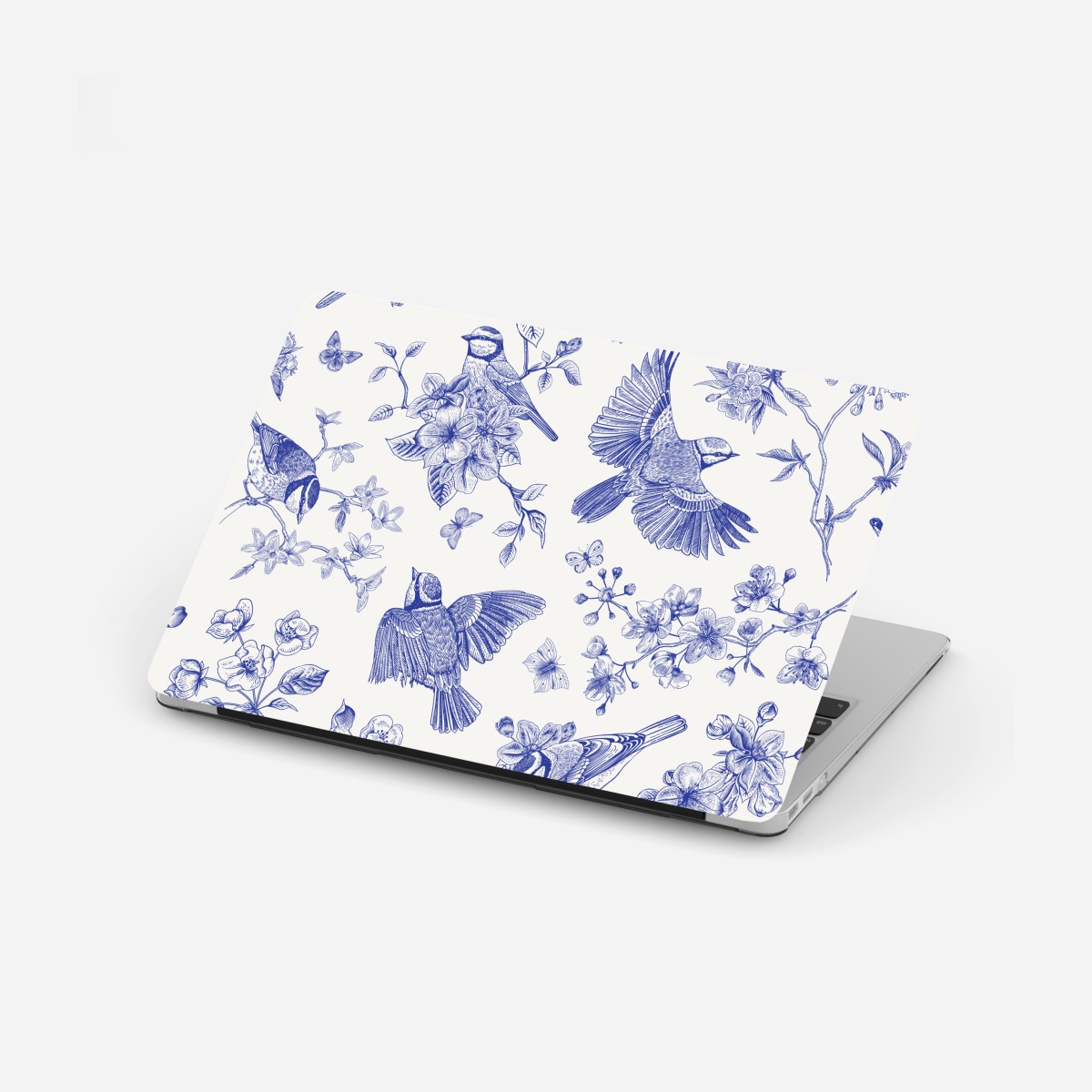 Laptop-Aufkleber blaues muster mit vögeln und blüten im vintage-stil – Wallnifity®