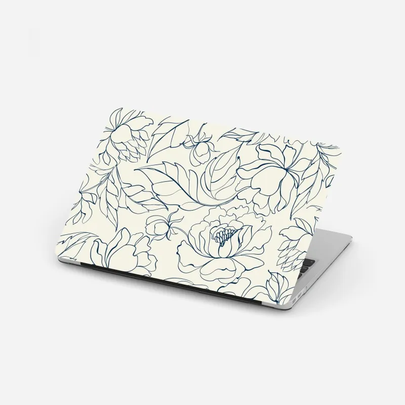 Laptop-Aufkleber handgezeichnetes marineblaues blumenmuster auf creme