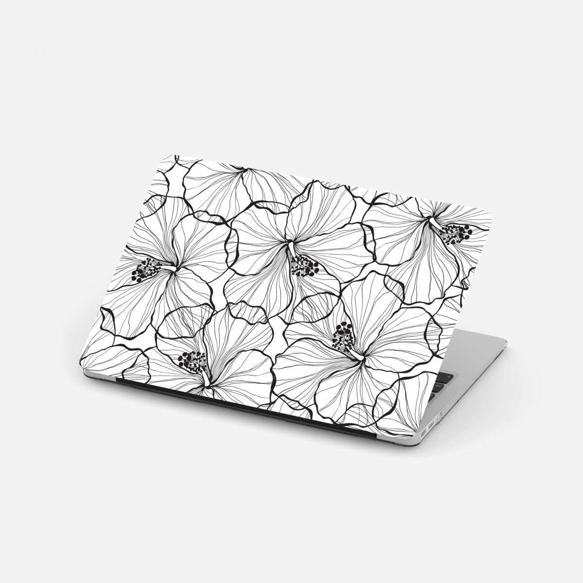 Laptop-Aufkleber schwarzweißes hibiskus line art muster – Wallnifity®