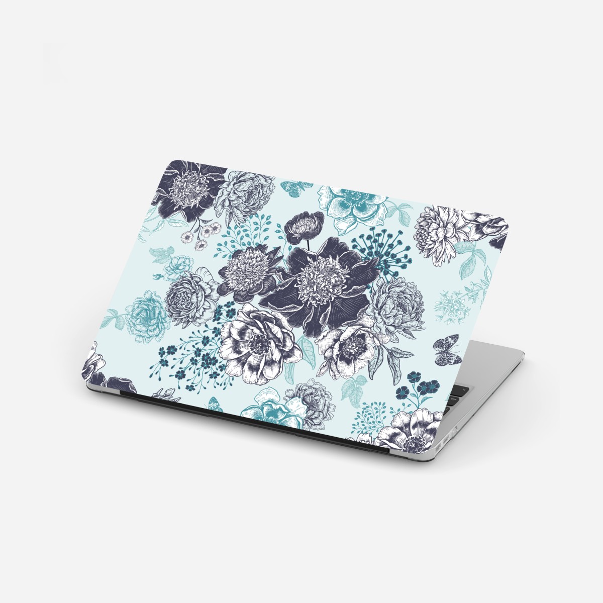 Laptop-Aufkleber blumiges peonienmuster in türkis und marineblau – Wallnifity®