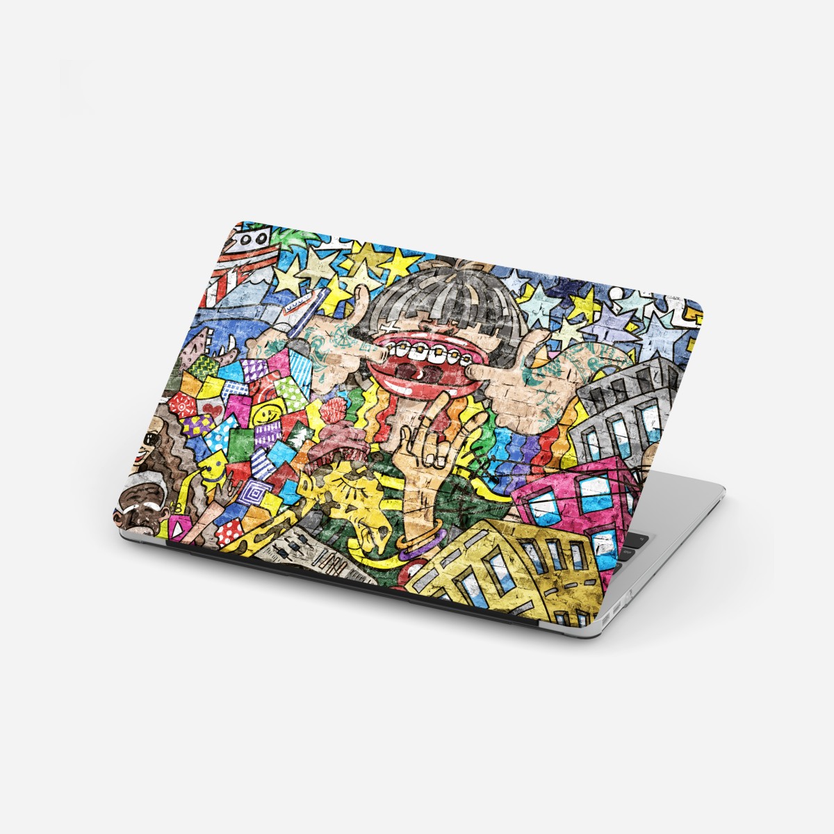 Laptop-Aufkleber buntes graffiti-mural mit verspielter figur – Wallnifity®