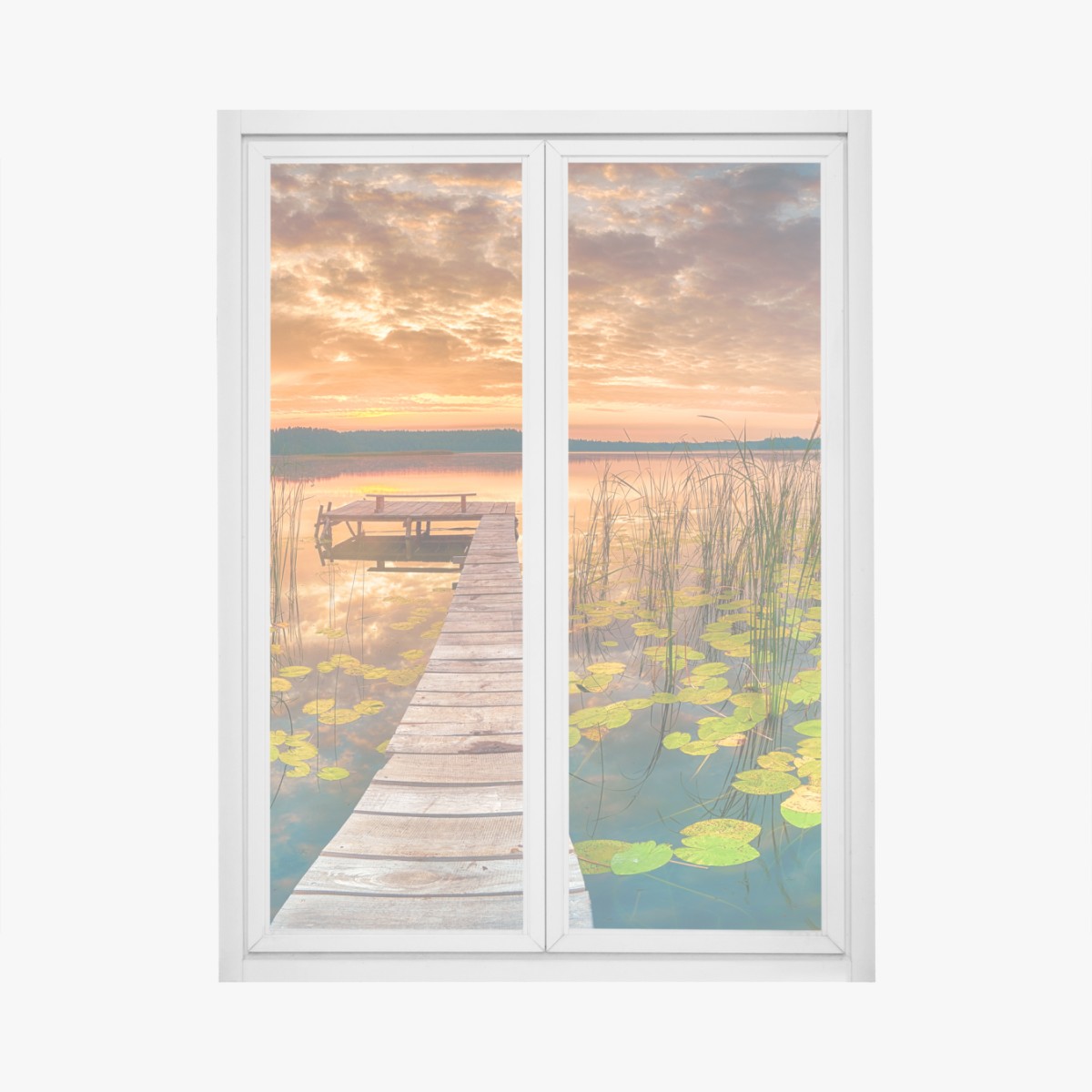 Fensteraufkleber sonnenaufgang über stillem see mit hölzernem steg – Wallnifity®