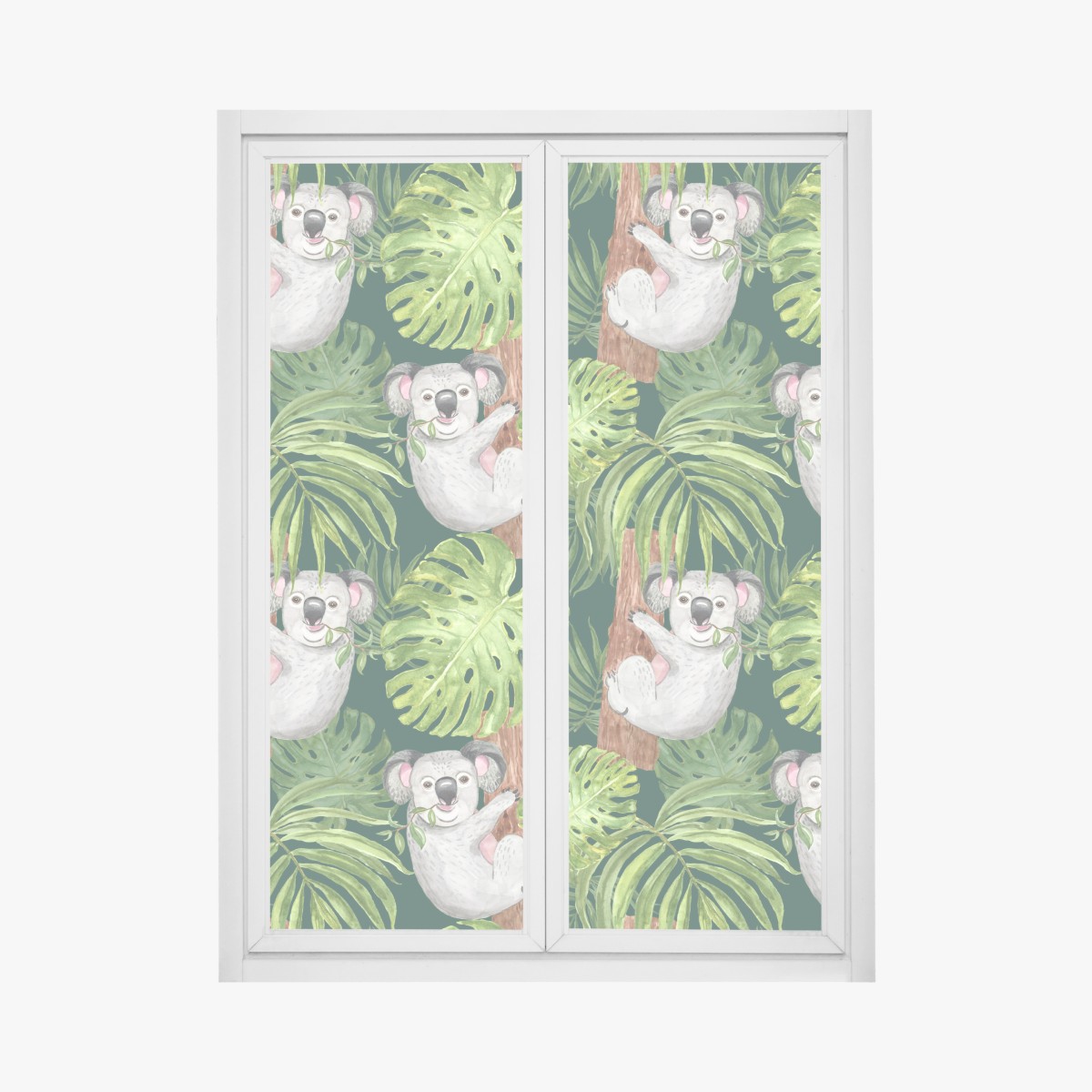 Fensteraufkleber niedliches aquarell-koala-muster mit tropischen blättern – Wallnifity®