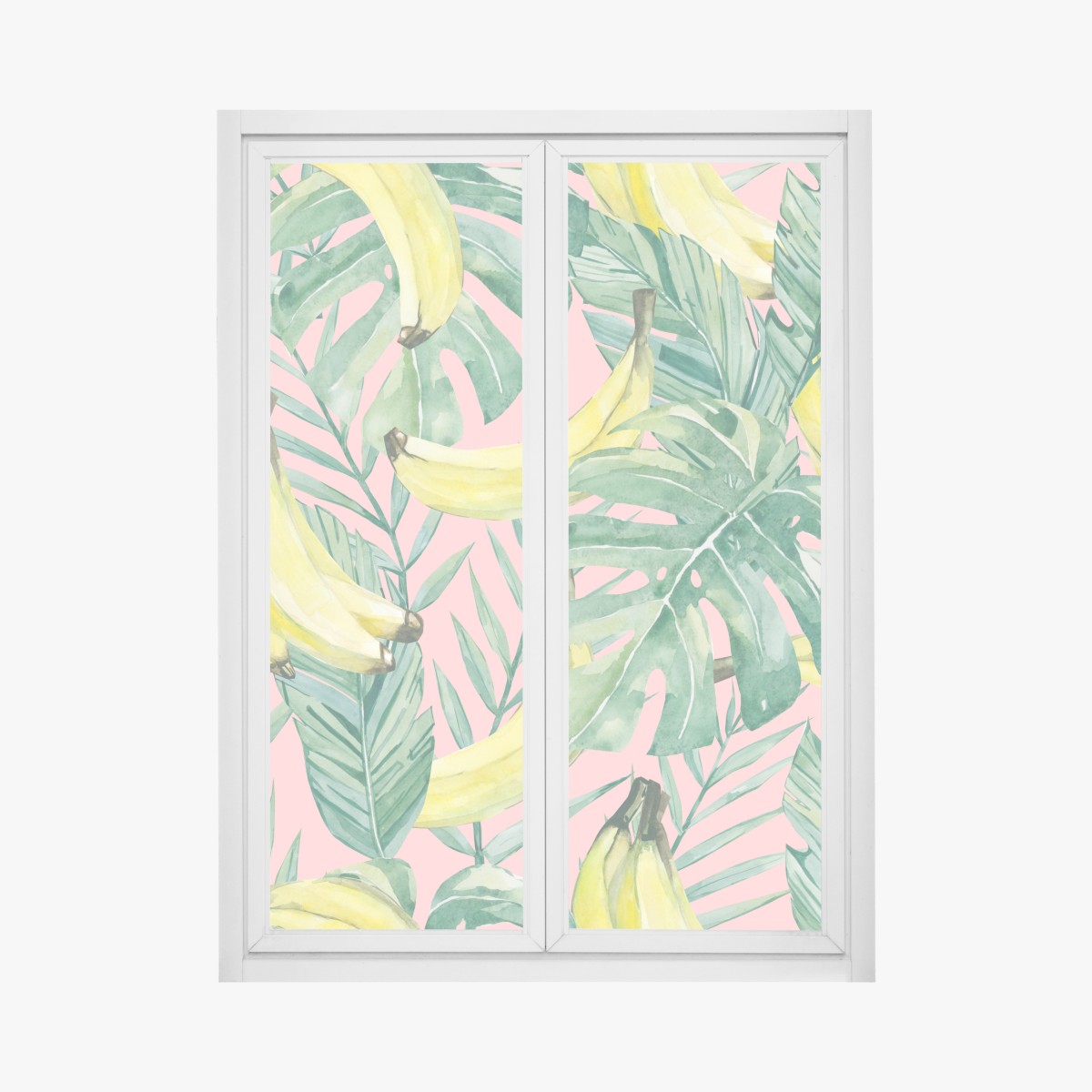 Fensteraufkleber aquarell-bananen und blättermuster auf rosa hintergrund – Wallnifity®