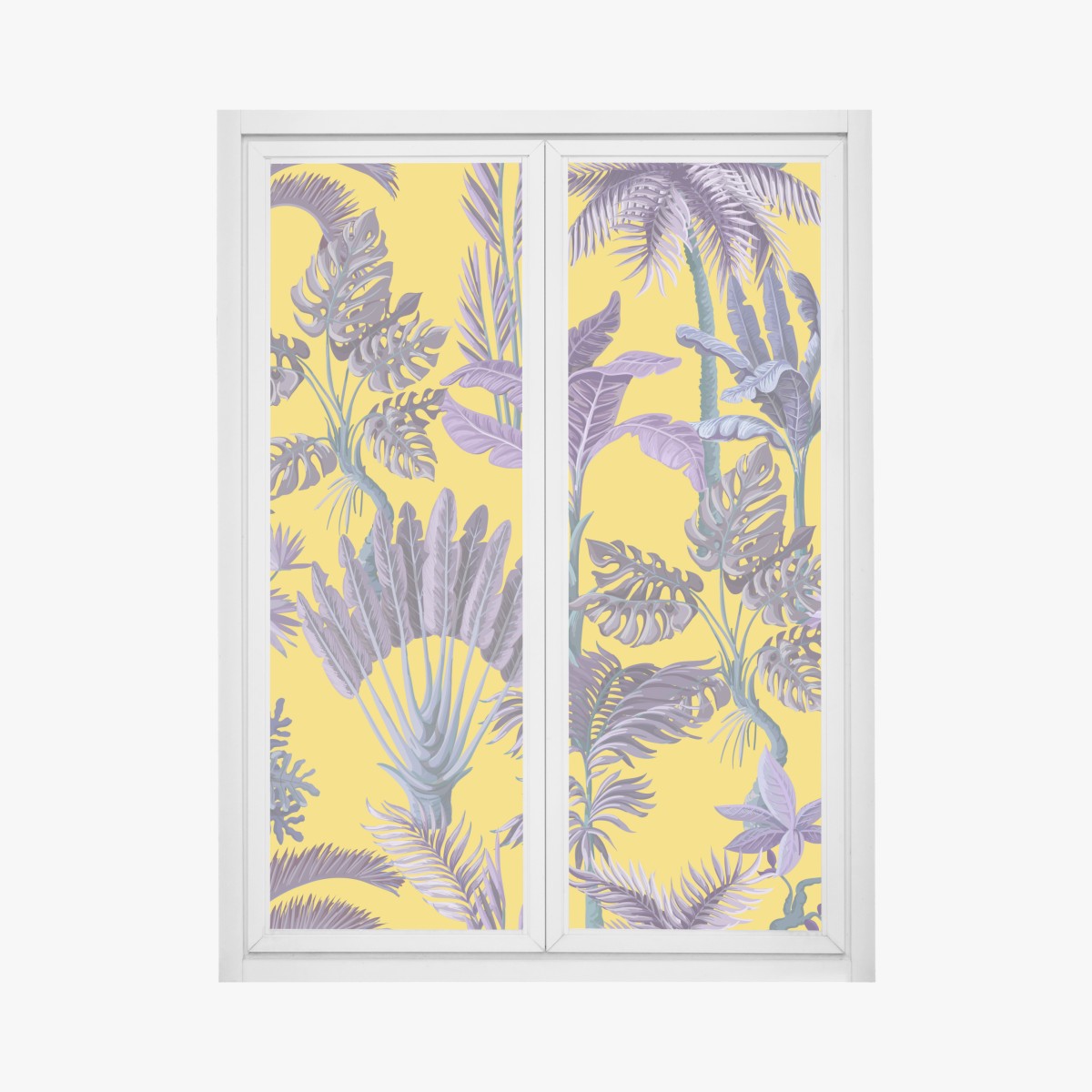 Fensteraufkleber tropische lila blätter auf gelbem hintergrund – Wallnifity®
