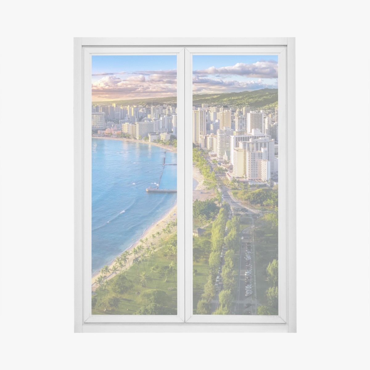 Fensteraufkleber skyline einer küstenstadt bei sonnenuntergang – Wallnifity®
