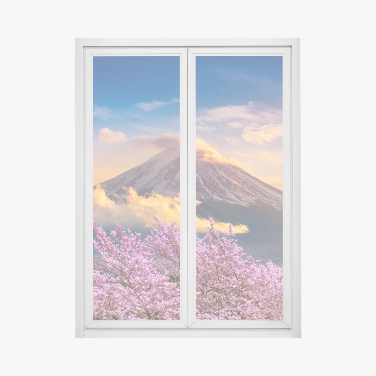 Fensteraufkleber Berg Fuji mit blühenden kirschblüten bei sonnenaufgang – Wallnifity®