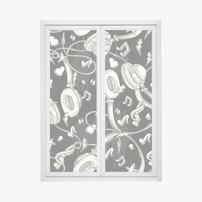 Fensteraufkleber monochromatisches muster mit kopfhörern und noten