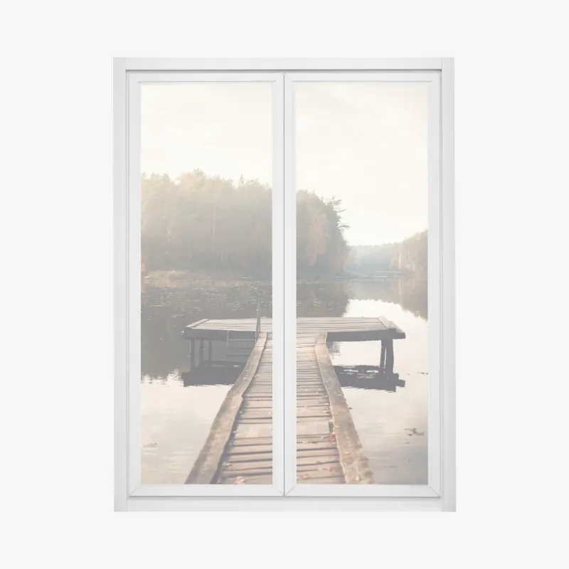 Fensteraufkleber herbstmorgen am see mit hölzernem steg