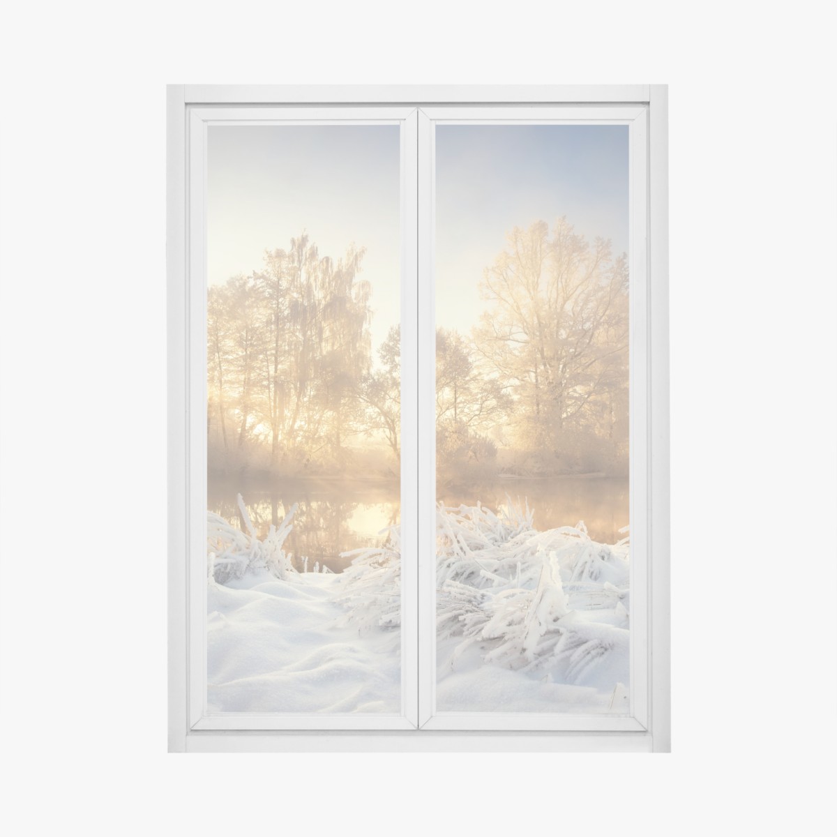 Fensteraufkleber goldener wintersonnenaufgang über dem frostigen fluss – Wallnifity®