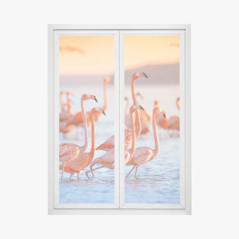 Fensteraufkleber rosa flamingos bei sonnenuntergang