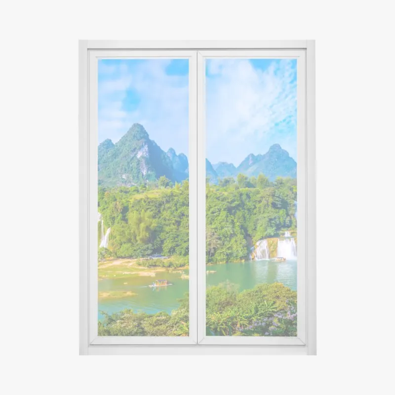 Fensteraufkleber üppige panoramaansicht eines wasserfalls mit karstbergen