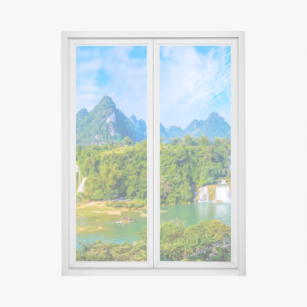 Fensteraufkleber üppige panoramaansicht eines wasserfalls mit karstbergen – Wallnifity®