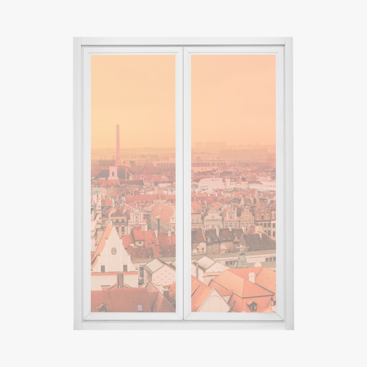 Fensteraufkleber warmer sonnenuntergang über historischen stadtdächern – Wallnifity®