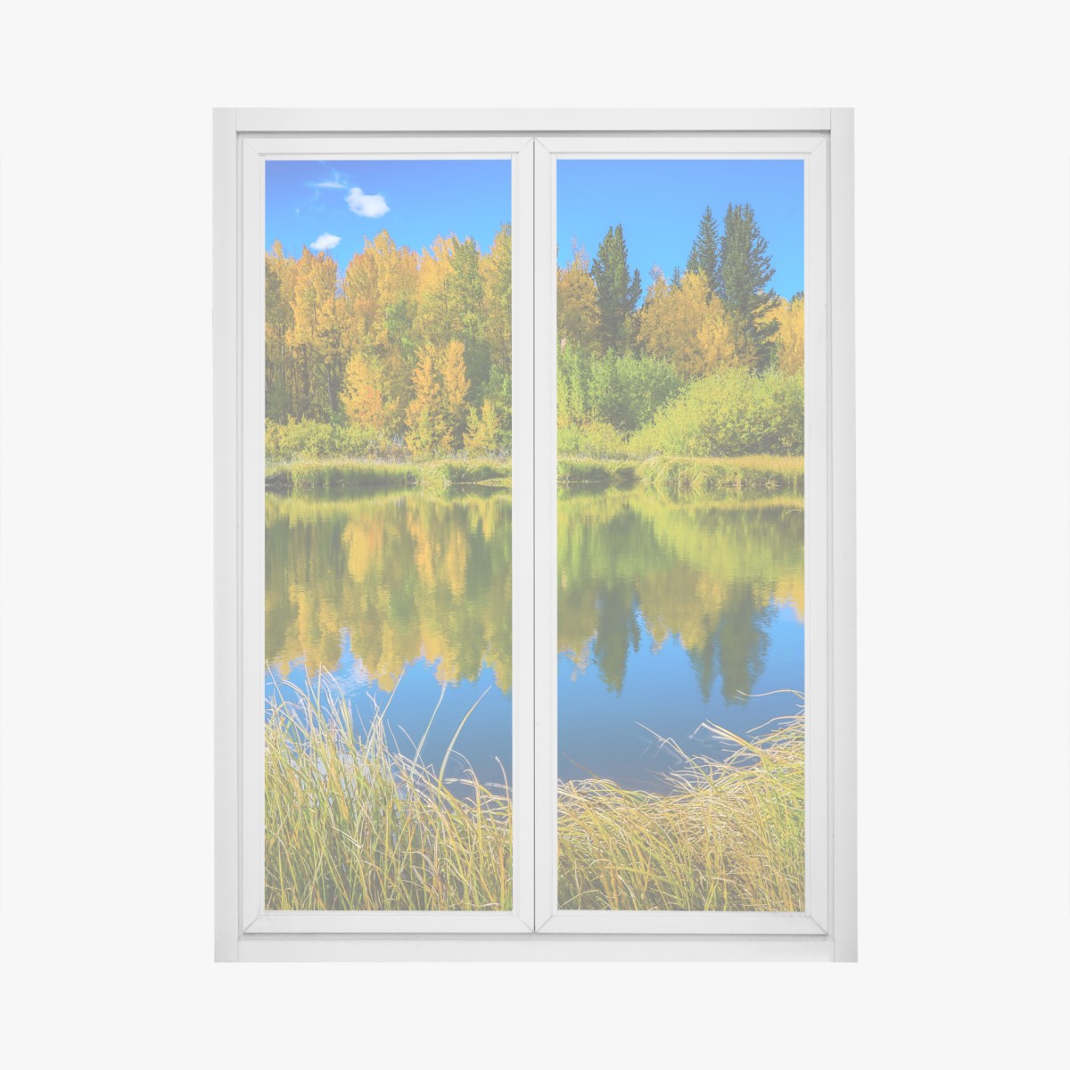 Fensteraufkleber herbstbäume spiegeln sich in einem ruhigen see – Wallnifity®