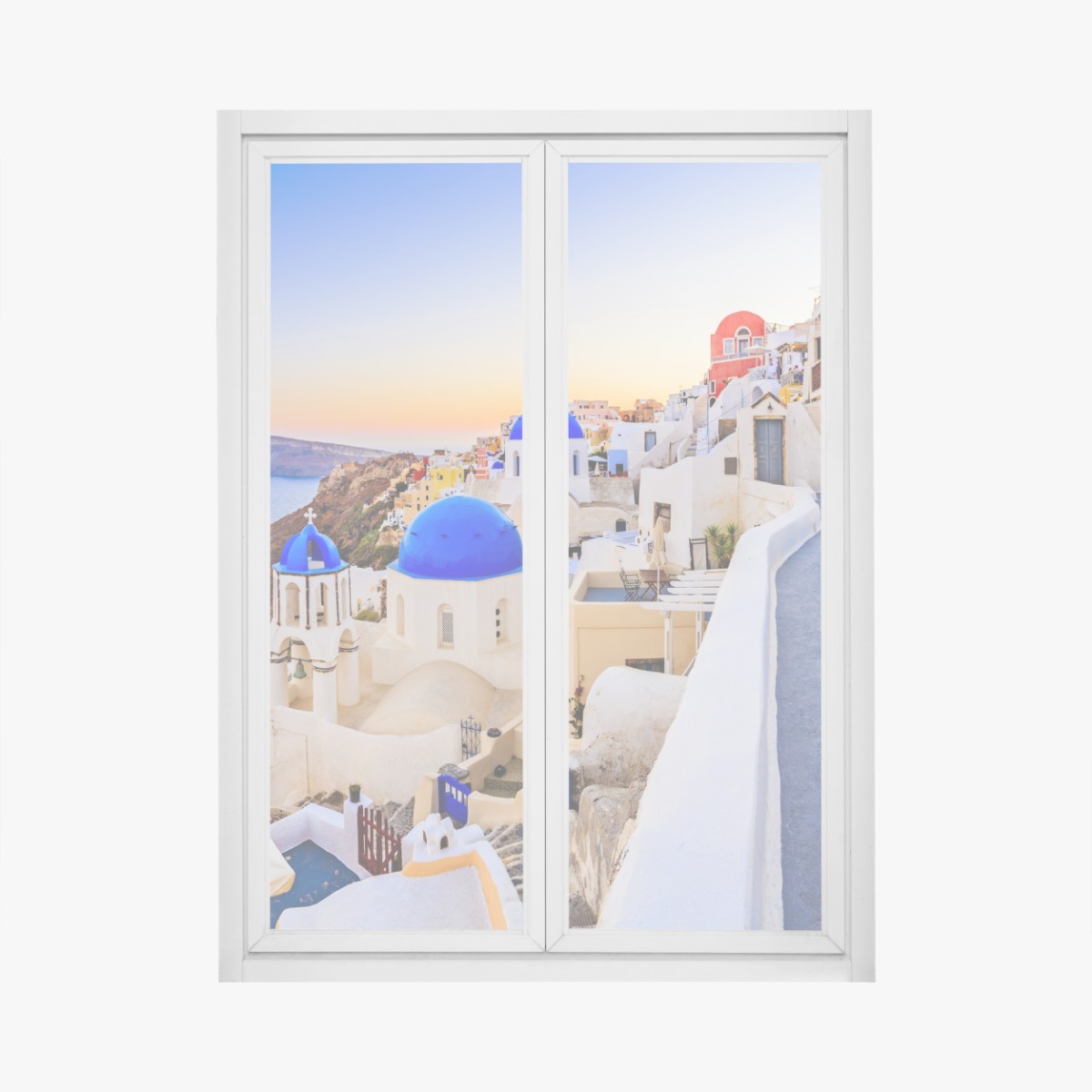 Fensteraufkleber Santorini sonnenuntergang über blauen kuppeln – Wallnifity®