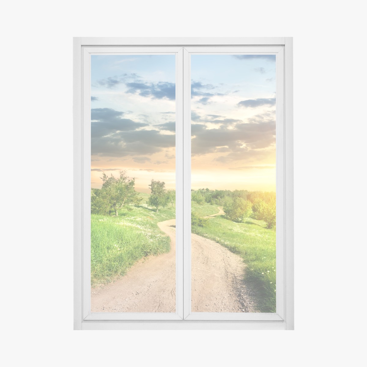 Fensteraufkleber sonnenuntergang über einem feldweg durch grüne wiese – Wallnifity®