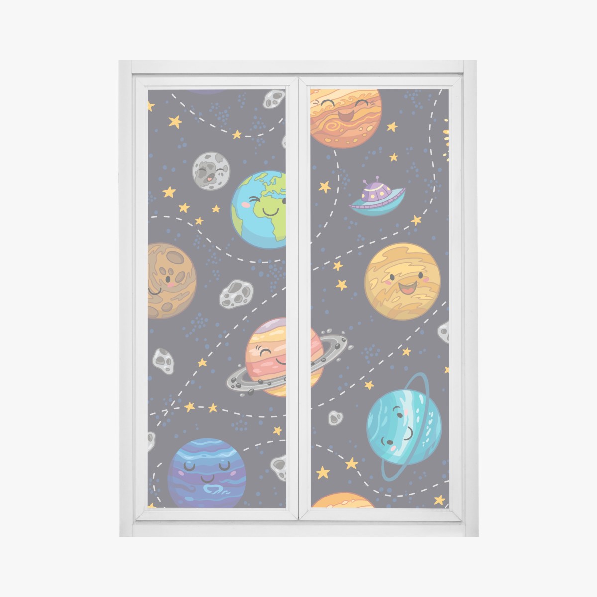 Fensteraufkleber lächelnde planeten im verspielten weltraummuster – Wallnifity®