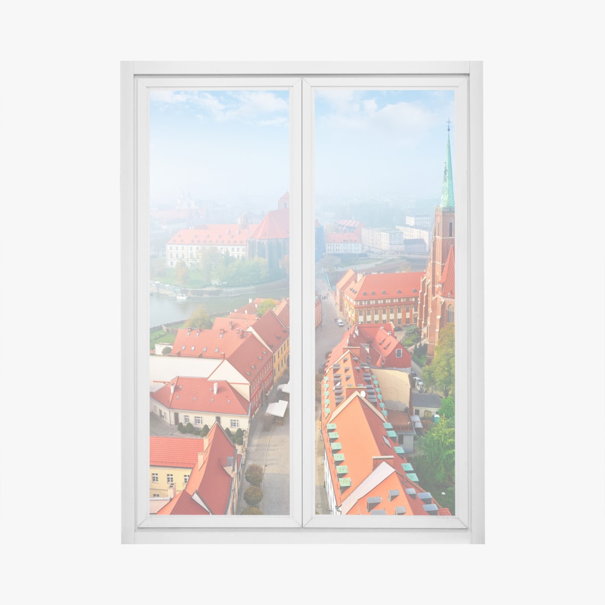 Fensteraufkleber neblige europäische stadtszene mit roten dächern – Wallnifity®