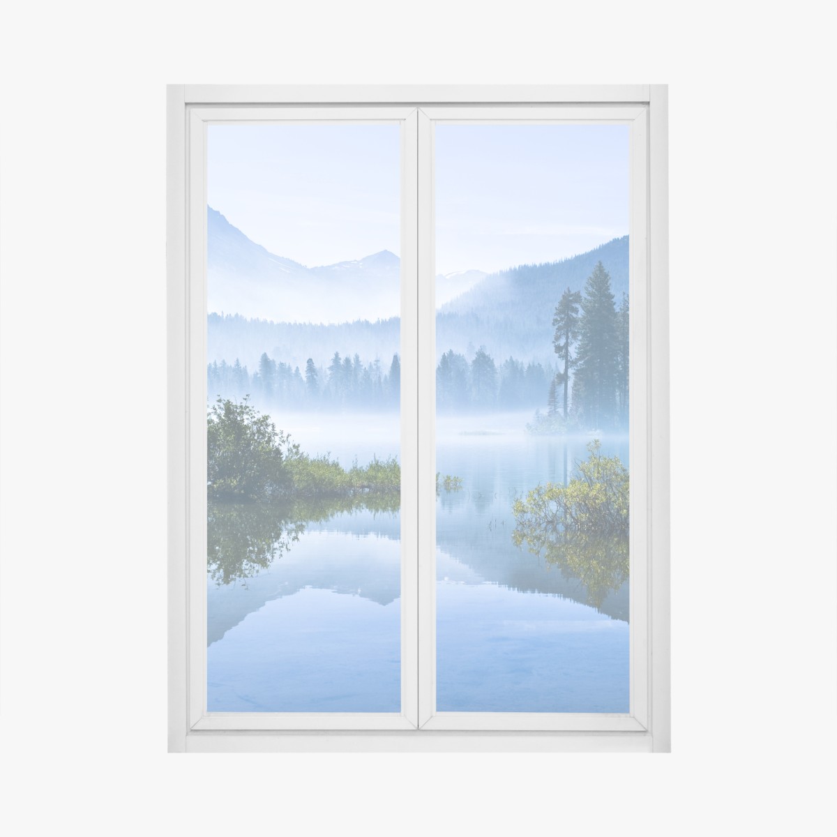 Fensteraufkleber nebliger bergsee mit spiegelnder oberfläche – Wallnifity®