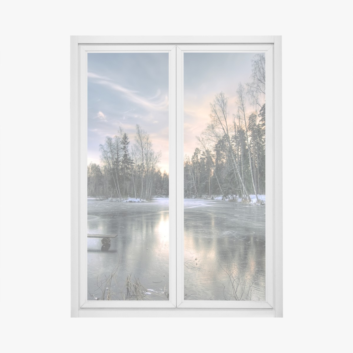 Fensteraufkleber vereister see im dämmerlicht mit waldspiegelung – Wallnifity®