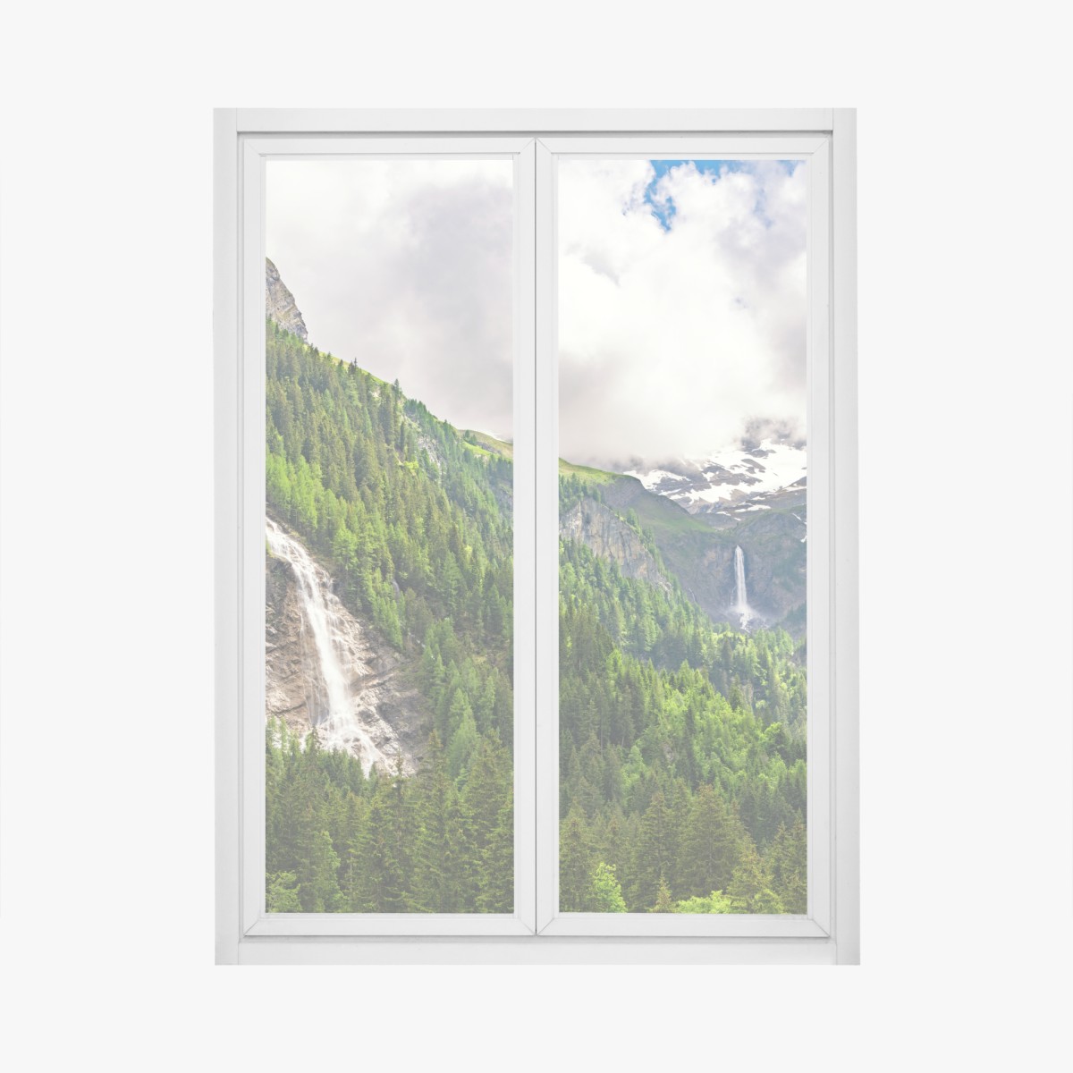 Fensteraufkleber nebelverhangener alpenwasserfall über grüner waldschlucht – Wallnifity®