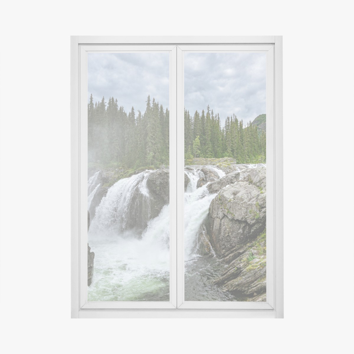 Fensteraufkleber nebliger wasserfall im dichten kiefernwald – Wallnifity®