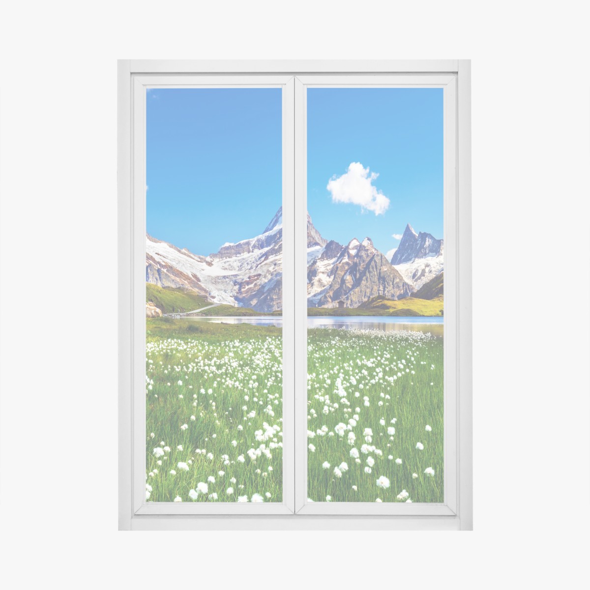 Fensteraufkleber alpensee mit blumenwiese und berggipfeln – Wallnifity®