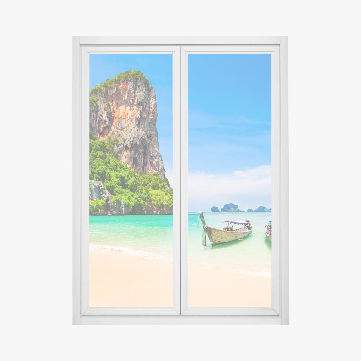 Fensteraufkleber tropischer strand mit traditionellen booten in Thailand – Wallnifity®