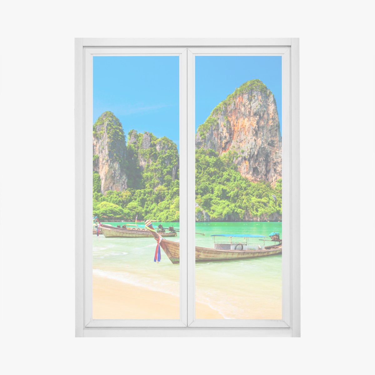 Fensteraufkleber longtail-boote an einem tropischen strand, Thailand – Wallnifity®