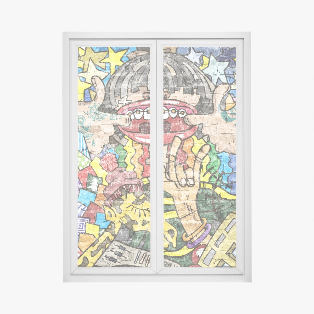 Fensteraufkleber buntes graffiti-mural mit verspielter figur – Wallnifity®