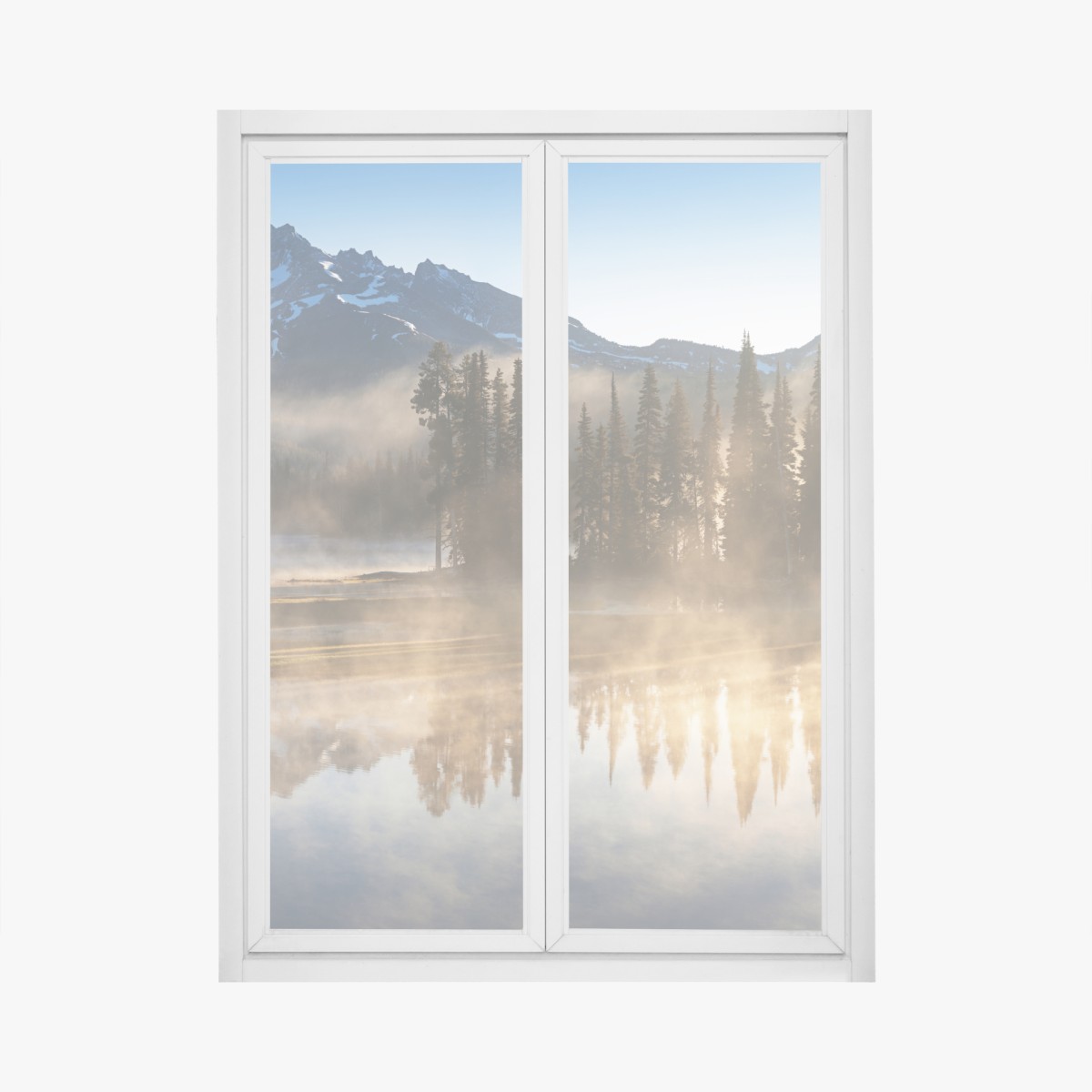 Fensteraufkleber nebliger bergsonnenaufgang mit spiegelung – Wallnifity®