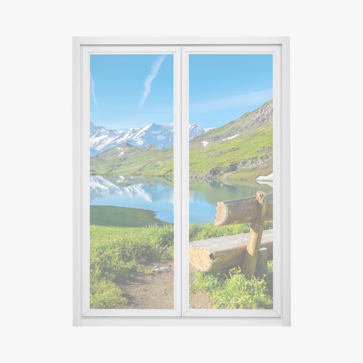 Fensteraufkleber alpensee mit hölzerner bank – Wallnifity®