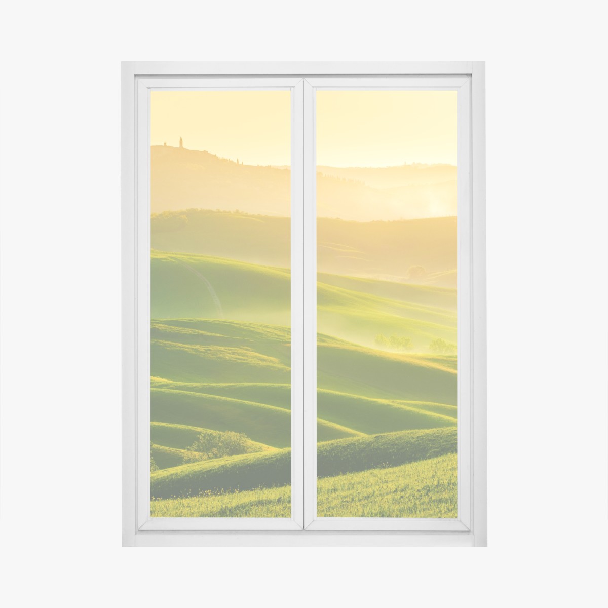 Fensteraufkleber goldener sonnenaufgang über sanften grünen hügeln – Wallnifity®