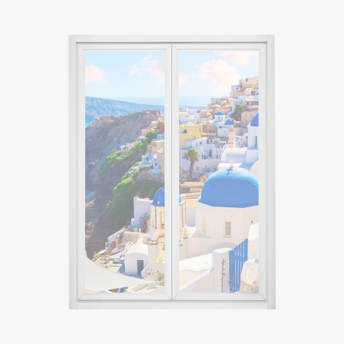 Fensteraufkleber Santorini blaue kuppeln und weiße häuser – Wallnifity®