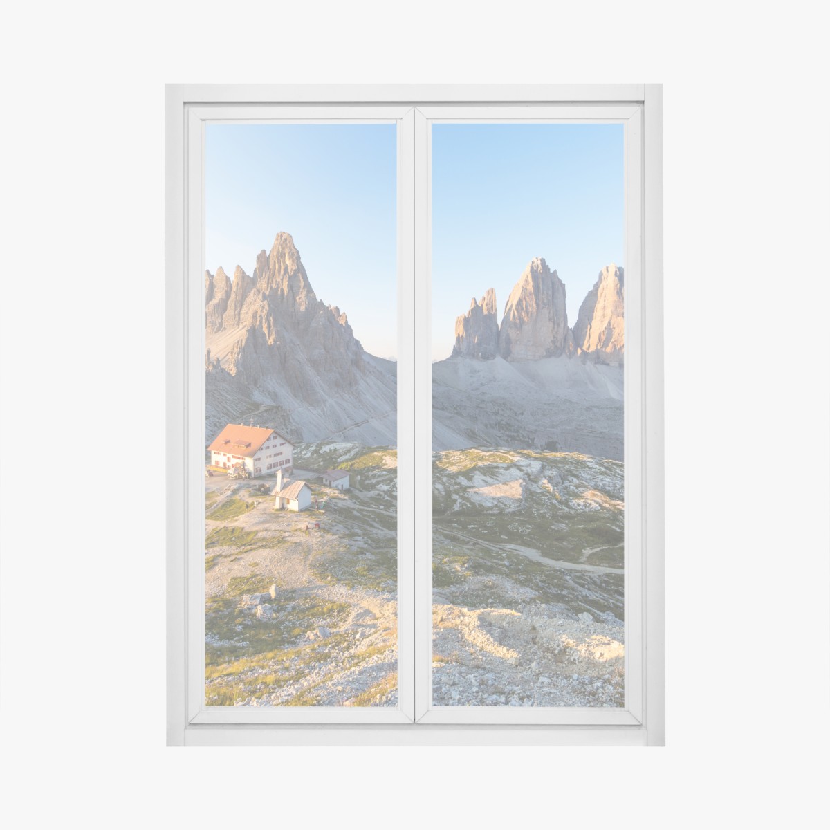 Fensteraufkleber sonnenbeschienene berghütte und alpine gipfel – Wallnifity®