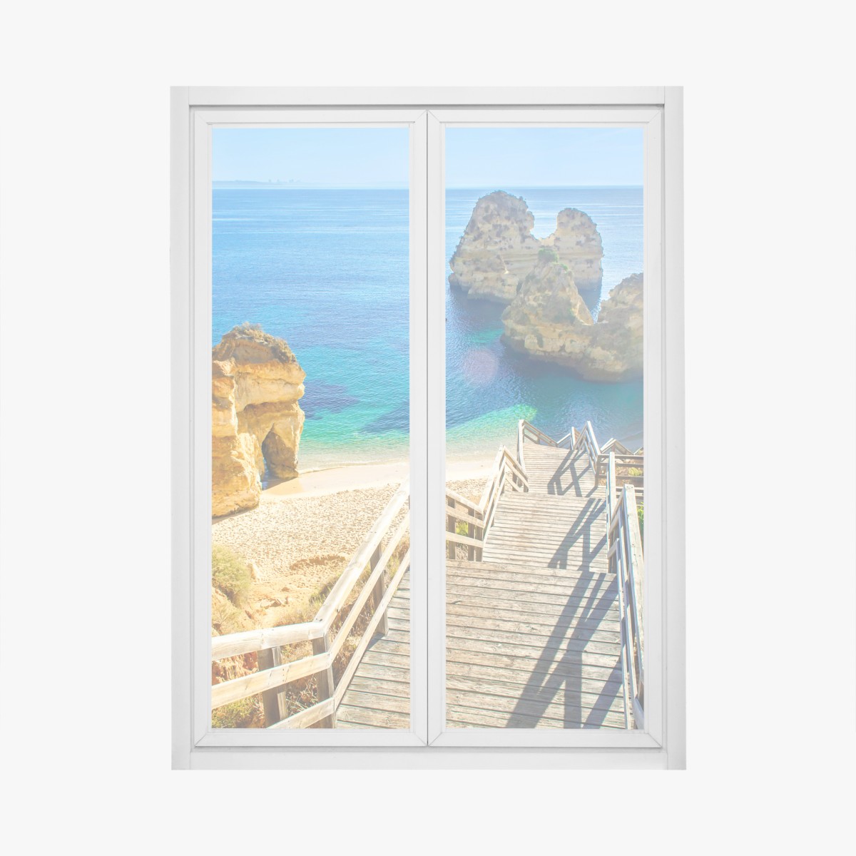 Fensteraufkleber sonnige treppe zur türkisfarbenen bucht – Wallnifity®