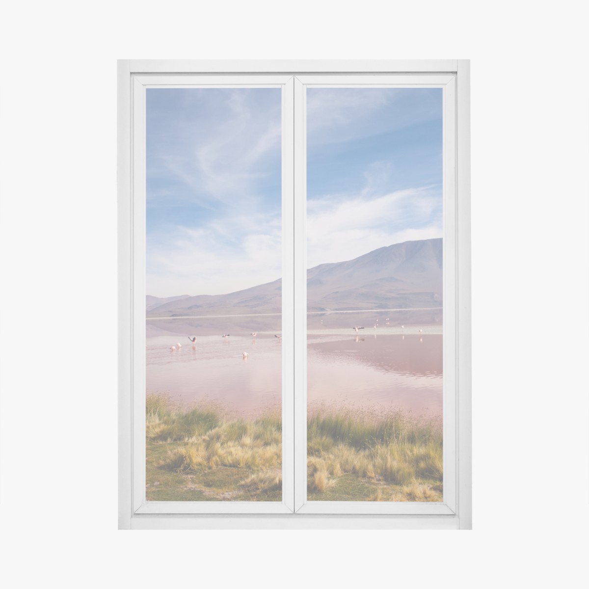 Fensteraufkleber rosa lagune mit flamingos und bergspiegelung – Wallnifity®