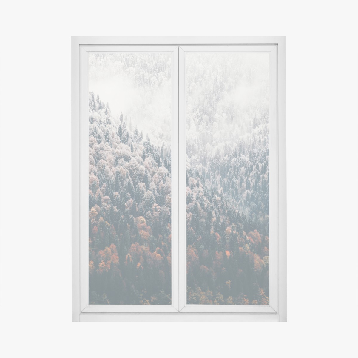 Fensteraufkleber nebliger herbstwald am schneebedeckten berg – Wallnifity®