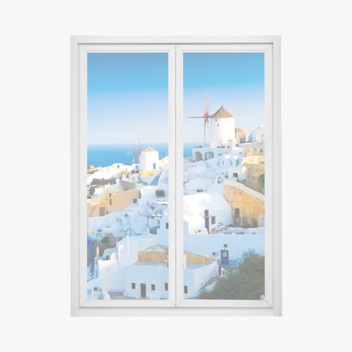 Fensteraufkleber sonnenbeschienenes Santorini-dorf am meer – Wallnifity®