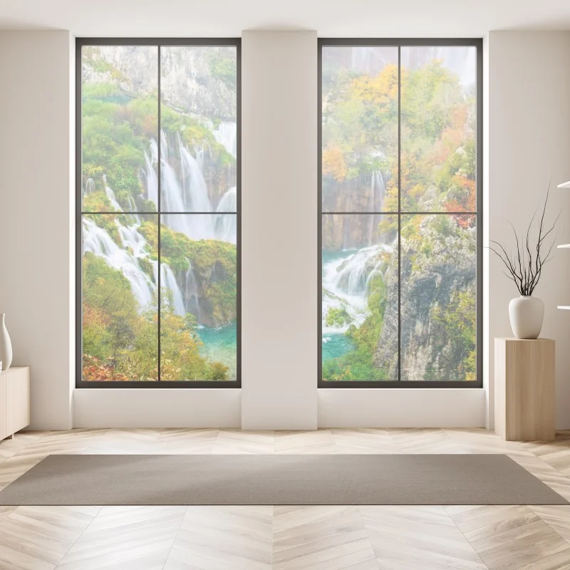 Fensteraufkleber grüne wiese mit einer reihe junger bäume – Wallnifity®